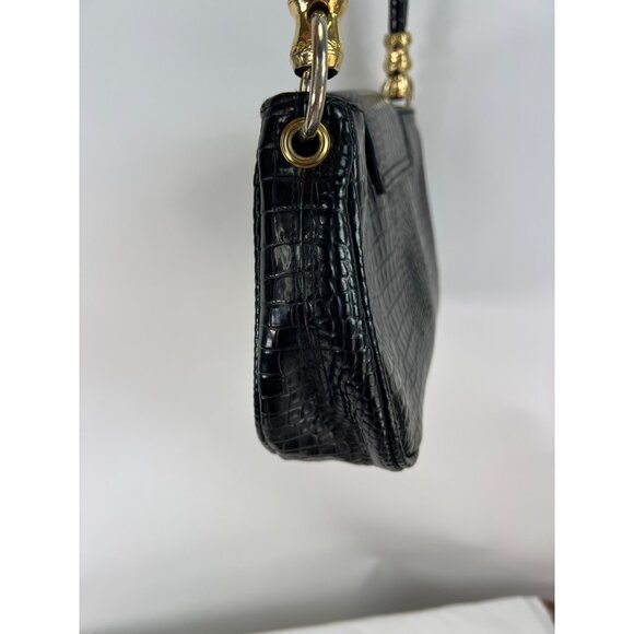 Black Croc Embossed Shoulder Bag With Gold Alligator Detail By Bueno - Picture 4 of 11